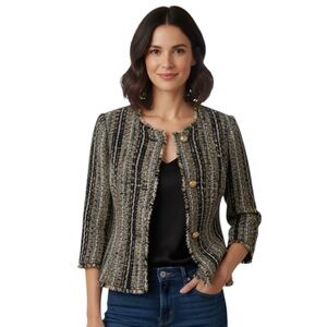 Cabi Wanderer Jacket Tweed Striped Metallic Gold Button Blazer XL